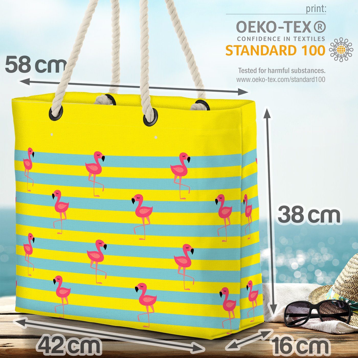 Strandtasche VOID (1-tlg), Beach Reise Muster Tiere Bag Strand Sommer Urlaub gelb Flamingo gestreift Pool