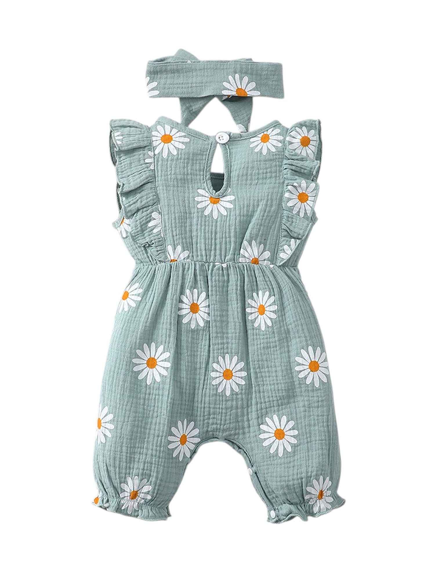 Lapastyle Strampler Baby Sommer Outfit Set, Bodysuit mit Rüschen und Gänseblümchen Muster (Set, 2-tlg) Jumpsuit & Haarband Set, 100% Baumwolle, Schleifendekor, Lässig, Süß