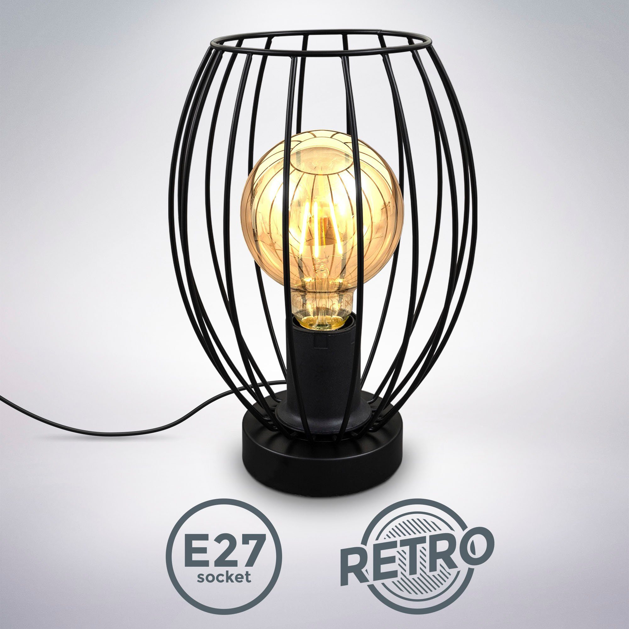Retro-Tischlampe, Ø17,5cm Kabelschalter, Metall, BK_TL1463 ohne Leuchtmittel, inkl. E27-Fassung, Leuchtmittel, Schwarz, B.K.Licht Tischleuchte ohne