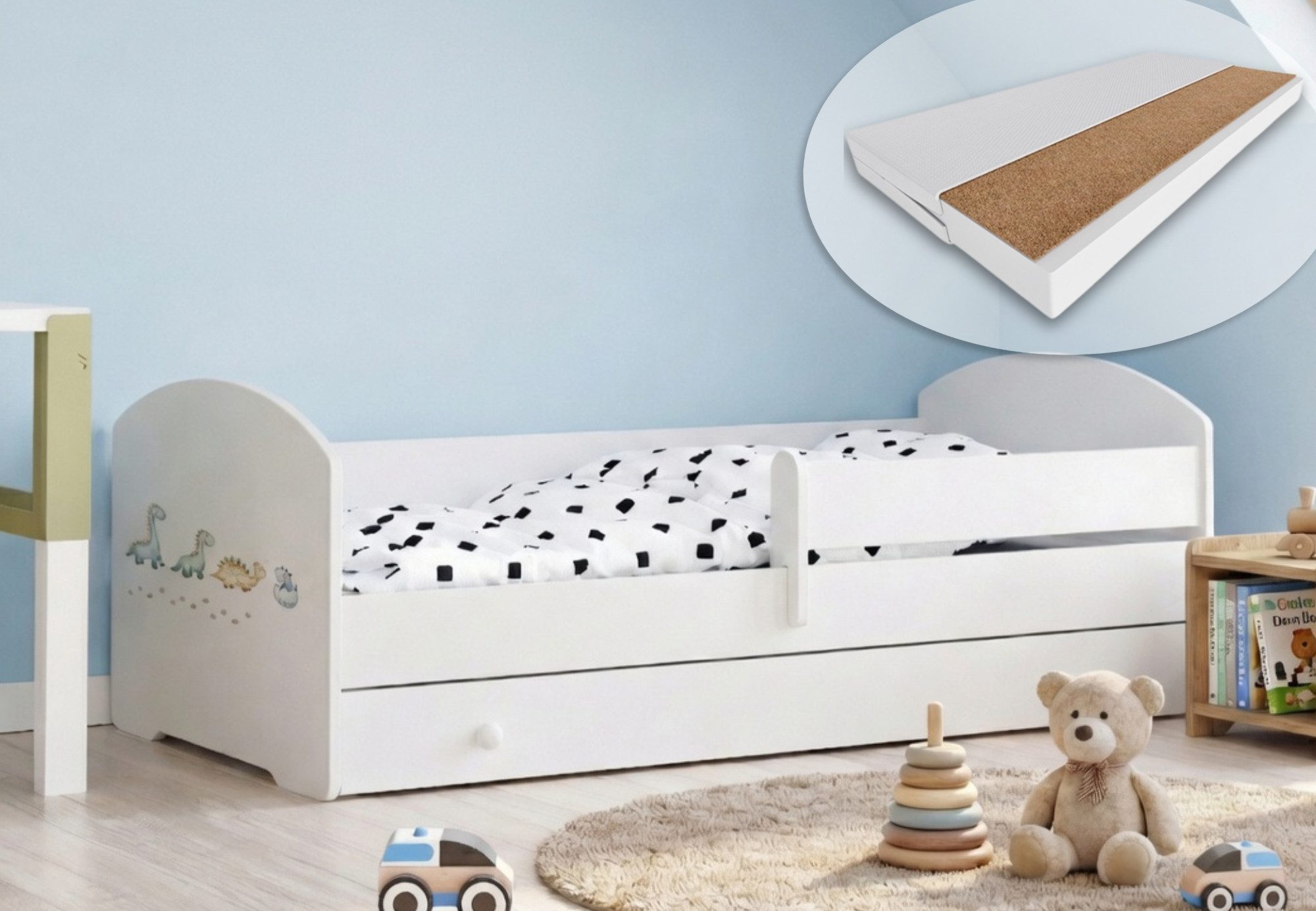 Kids Collective Kinderbett 70x140 / 80x160 cm Komplettset mit Matratze & Schublade (Bett für Jungen und Mädchen, Einzelbett für Kinder von 2 - 10 Jahren), komplettes Set mit Dinosaurier I Motiv für Jungen & Mädchen 80x160 cm