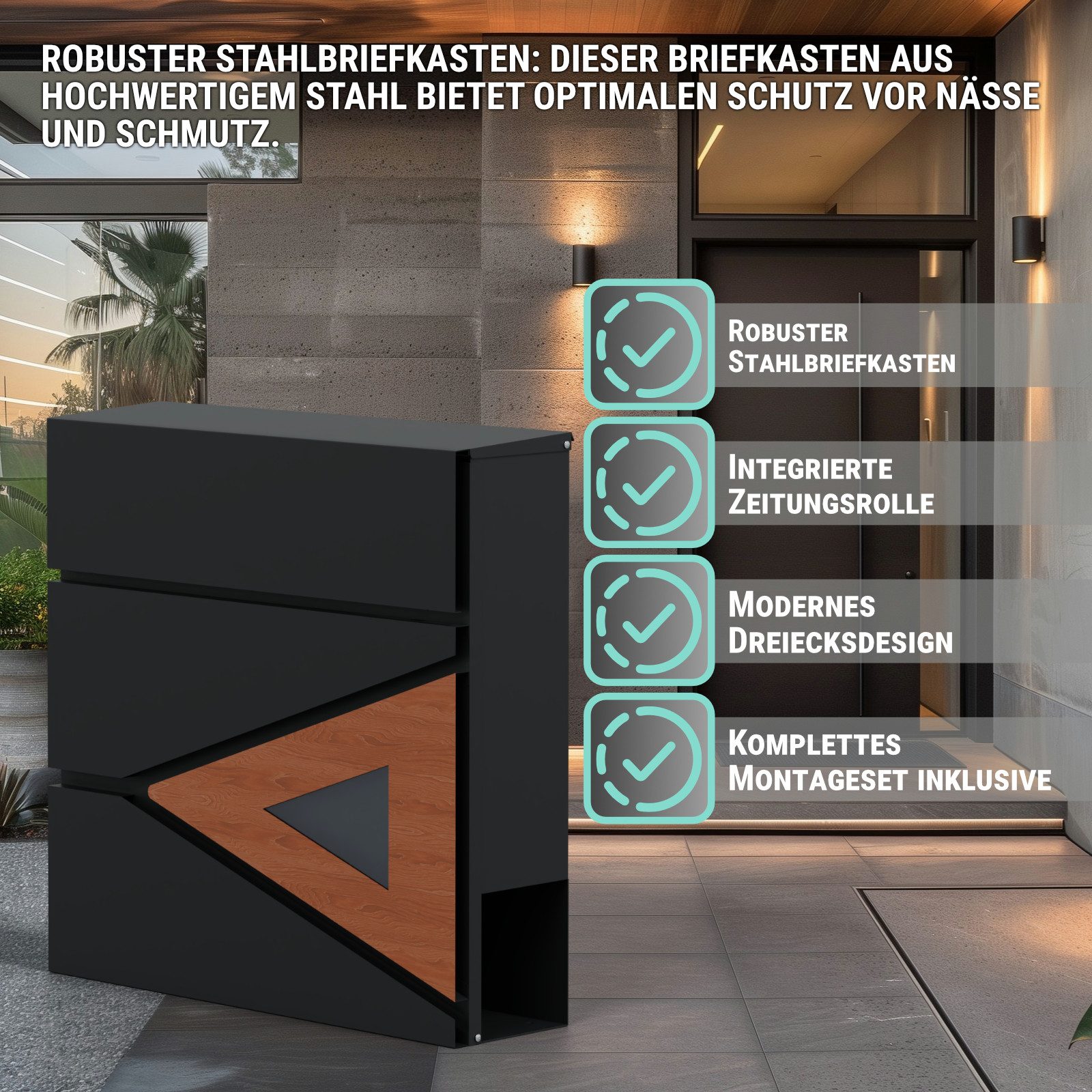 Thumbnail - HAGO Briefkasten Briefkasten Anthrazit moderne Dreiecksform Zeitungsrolle robuster, Zeitungsrolle,Geschütztes Schloss