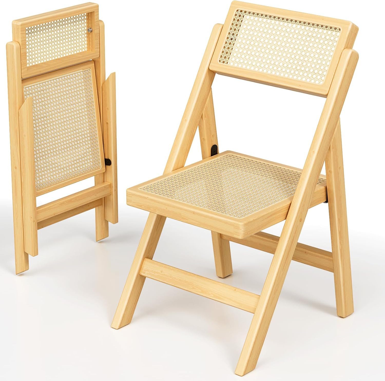 TLGREEN Klappstuhl aus Holz,Faltbar Esszimmerstuhl, (87x46x43cm Rattan Stuhl mit Wiener Geflecht, 1 St), Rattan Stuhl, Balkonstuhl, Naturfarben