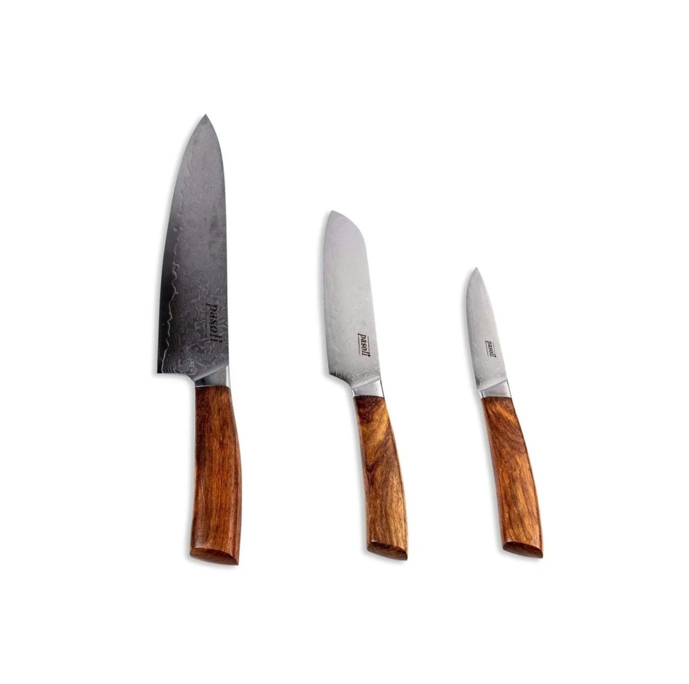 pasoli Damastmesser 3er Set "Chef" - hochwertiger VG10 Kern - Griff aus Echtholz, 67 lagiger Damaststahl, Griff aus Olivenholz