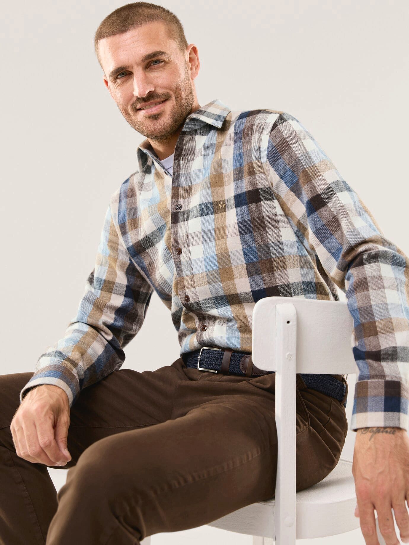 Walbusch Langarmhemd Herren Hemd aus portugiesischem Flanell Regular fit Relax-Kragen Langarm verkürzt, klassisch, pflegeleicht, atmungsaktiv, wärmend