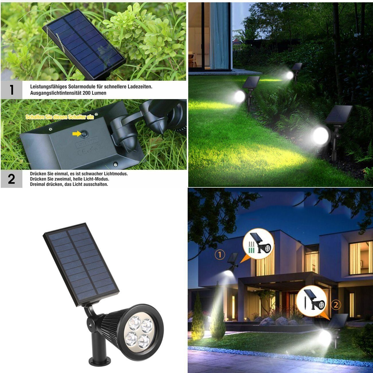 LETGOSPT LED Solarleuchte 2/4 fest Gartenleuchte Solarlampe Solarstrahler, Solar 2 Stücke Hof, Wasserdicht, für LED Kaltweiß IP65 Automatisch Ein/Aus, LED Solarleuchte Außen, Stück 4LED integriert, Garage