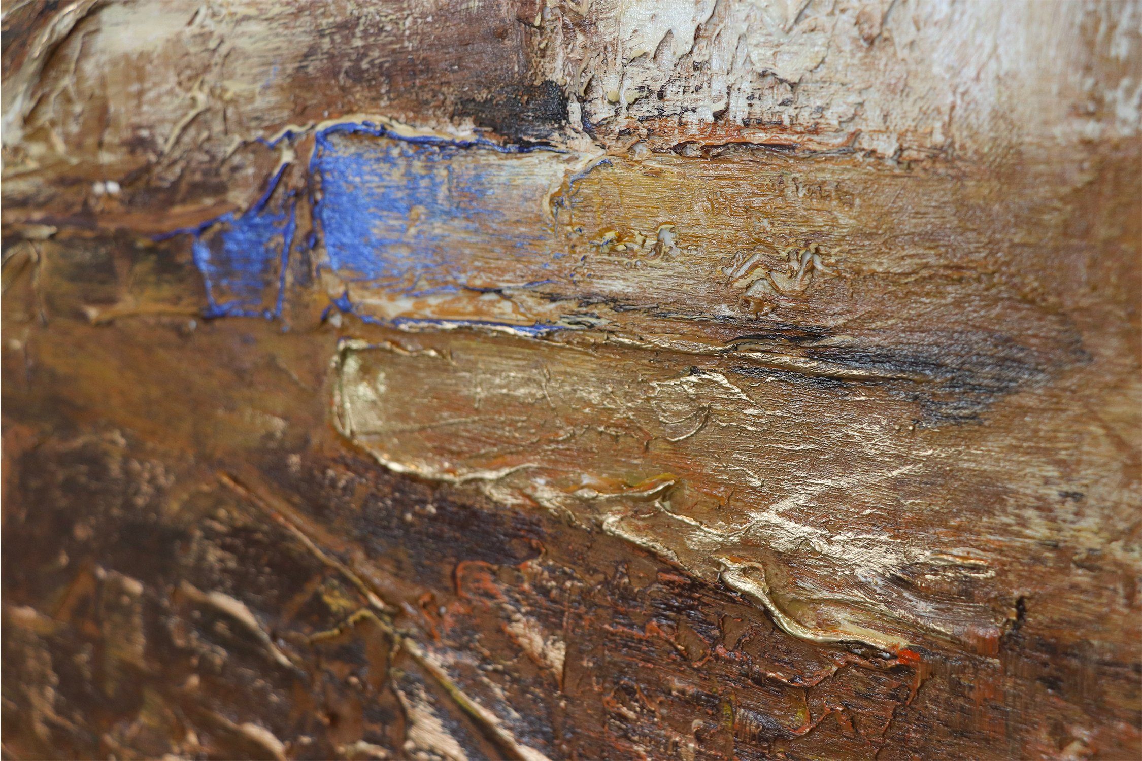 Handgemalt Vertikales Schattenfugenrahmen Abstrakt Bild YS-Art Leinwand Bilder, Blau Abstrakte Ohne II, Gemälde Marine Gold