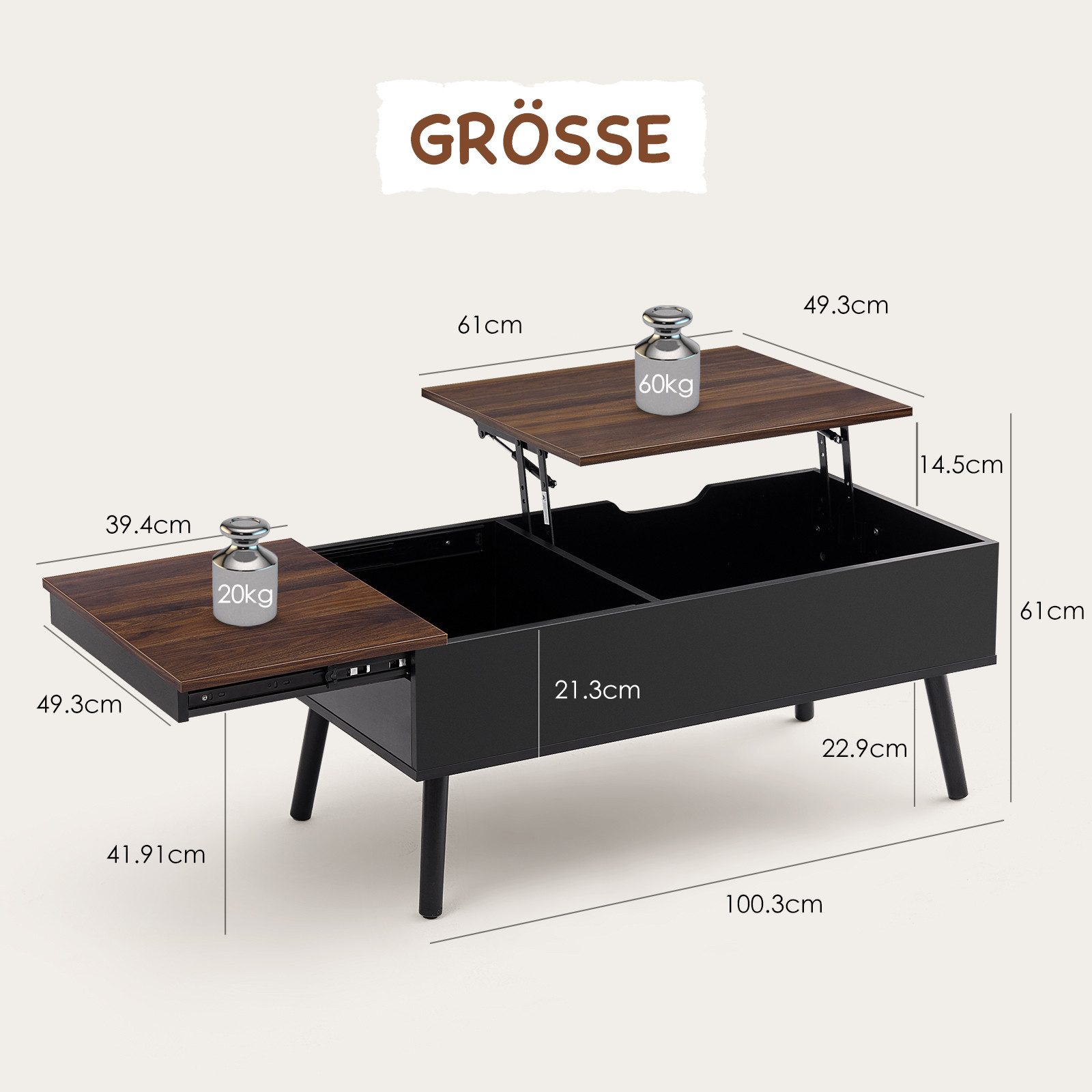 JanflyHome Couchtisch höhenverstellbar, Wohnzimmertisch mit Stauraum (1-St), Separates Verstecktes Ablagefach, 100x50x45 cm