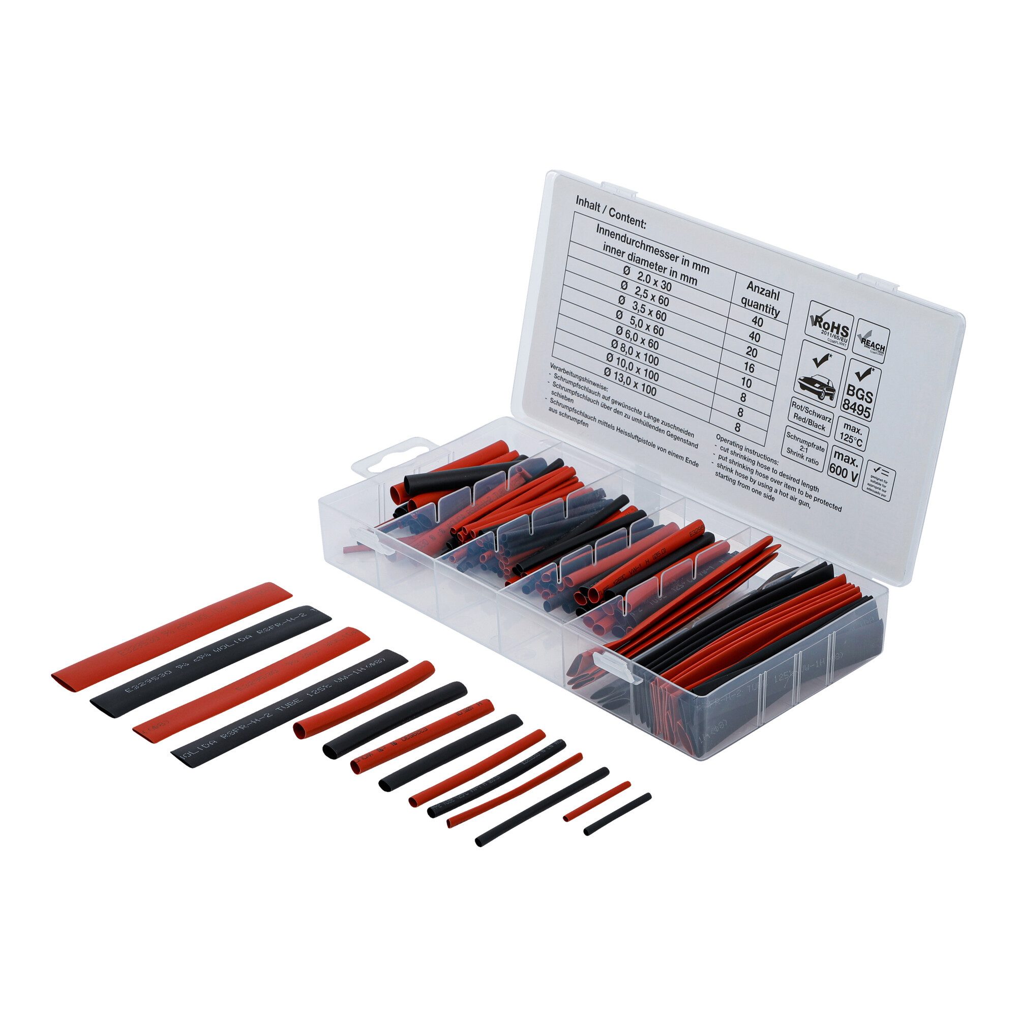 BGS technic Isolierband BGS Schrumpfschlauch-Sortiment 9404, rot / schwarz, 150-tlg.