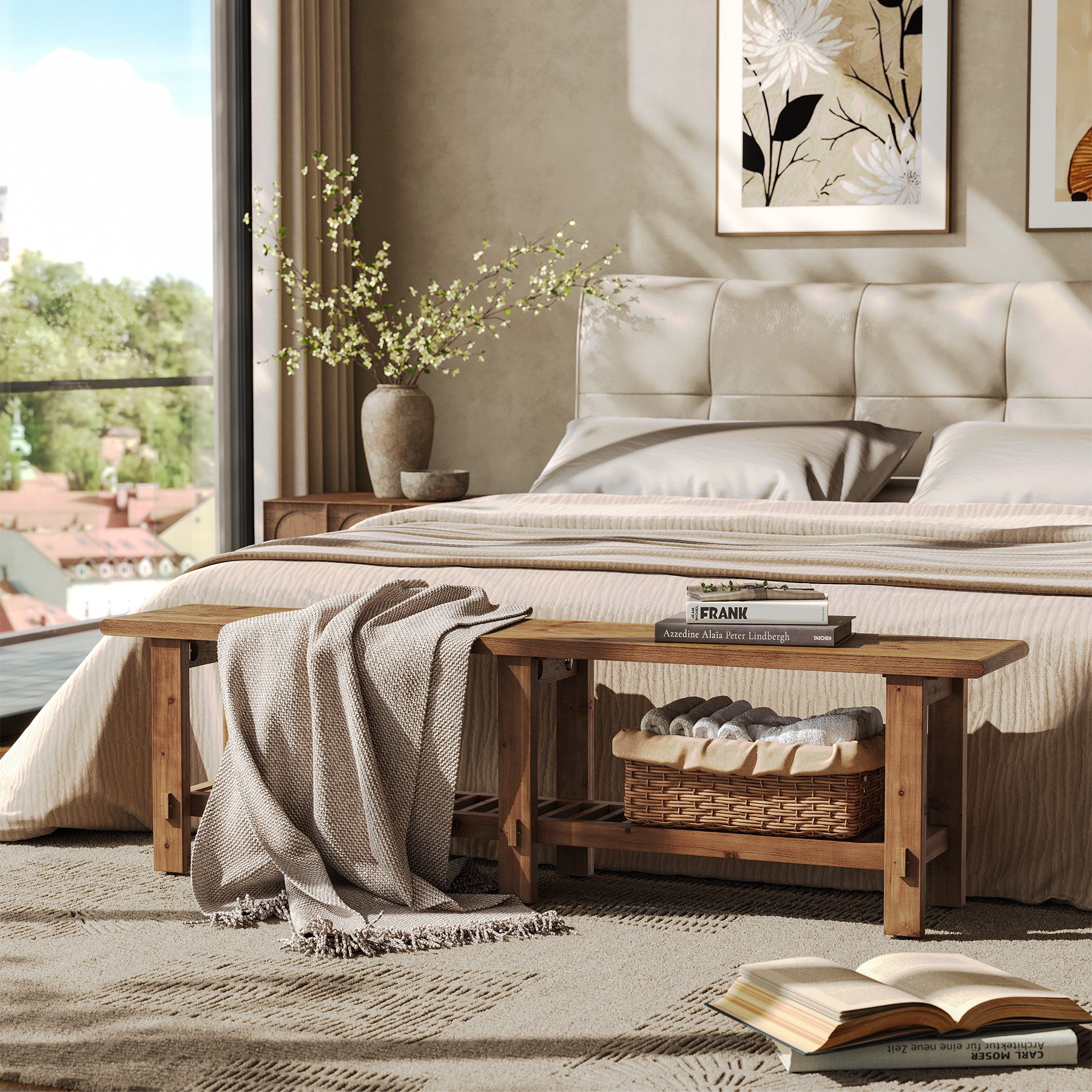 Tribesigns Schuhbank 160 cm Massivholzbank, Sitzbänke im Landhausstil mit Ablage, Flurbank (für Schlafzimmer, Wohnzimmer, Eingangsbereich und Flur) – Bild 3 von 5
