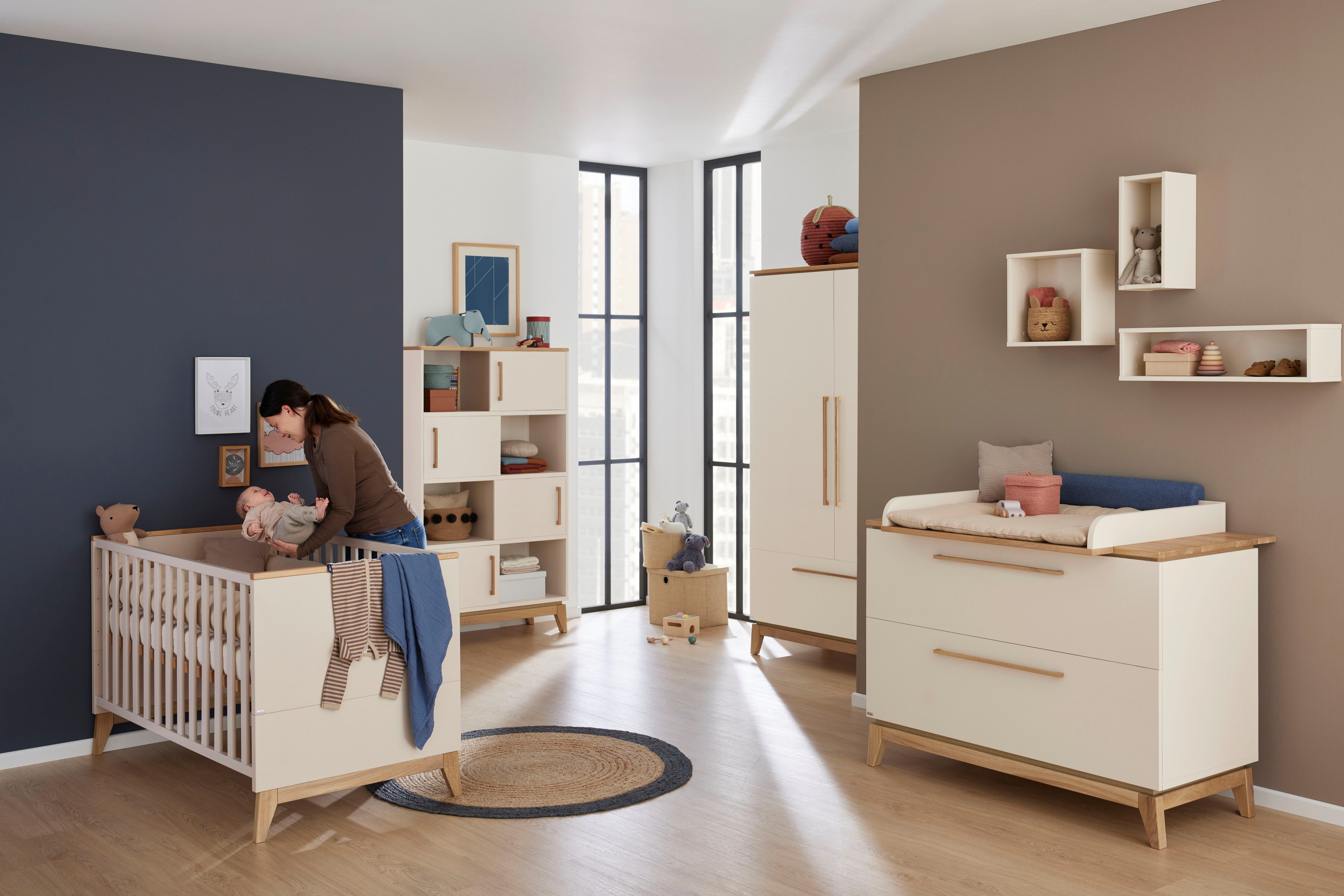 PAIDI Standregal STIENE in Beige oder Grau, 8 Fächer, 4 Schiebetüren mit Soft-Close, modernes und langlebiges Regal mit Massivholz, Highboard