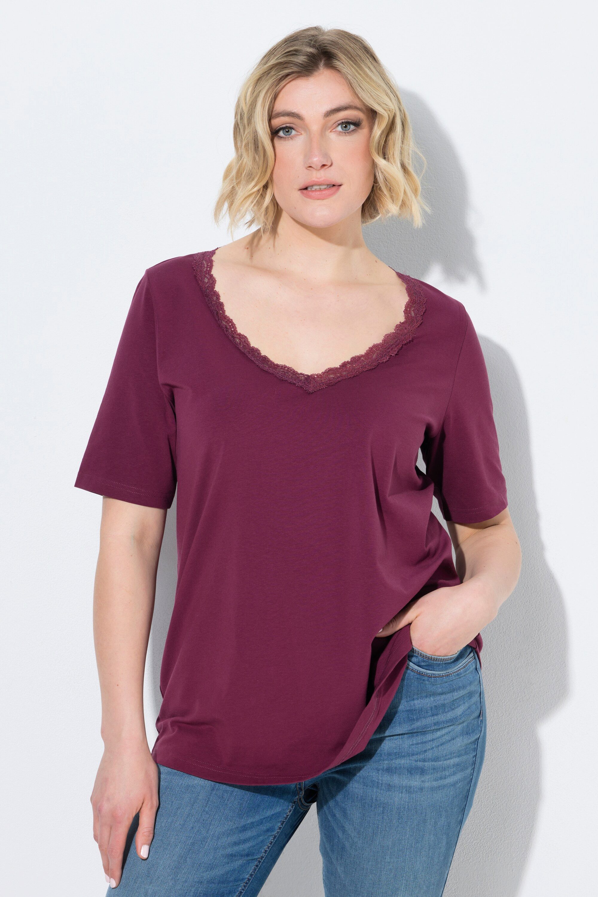 Ulla Popken T-Shirt T-Shirt Spitze Classic V-Ausschnitt Halbarm