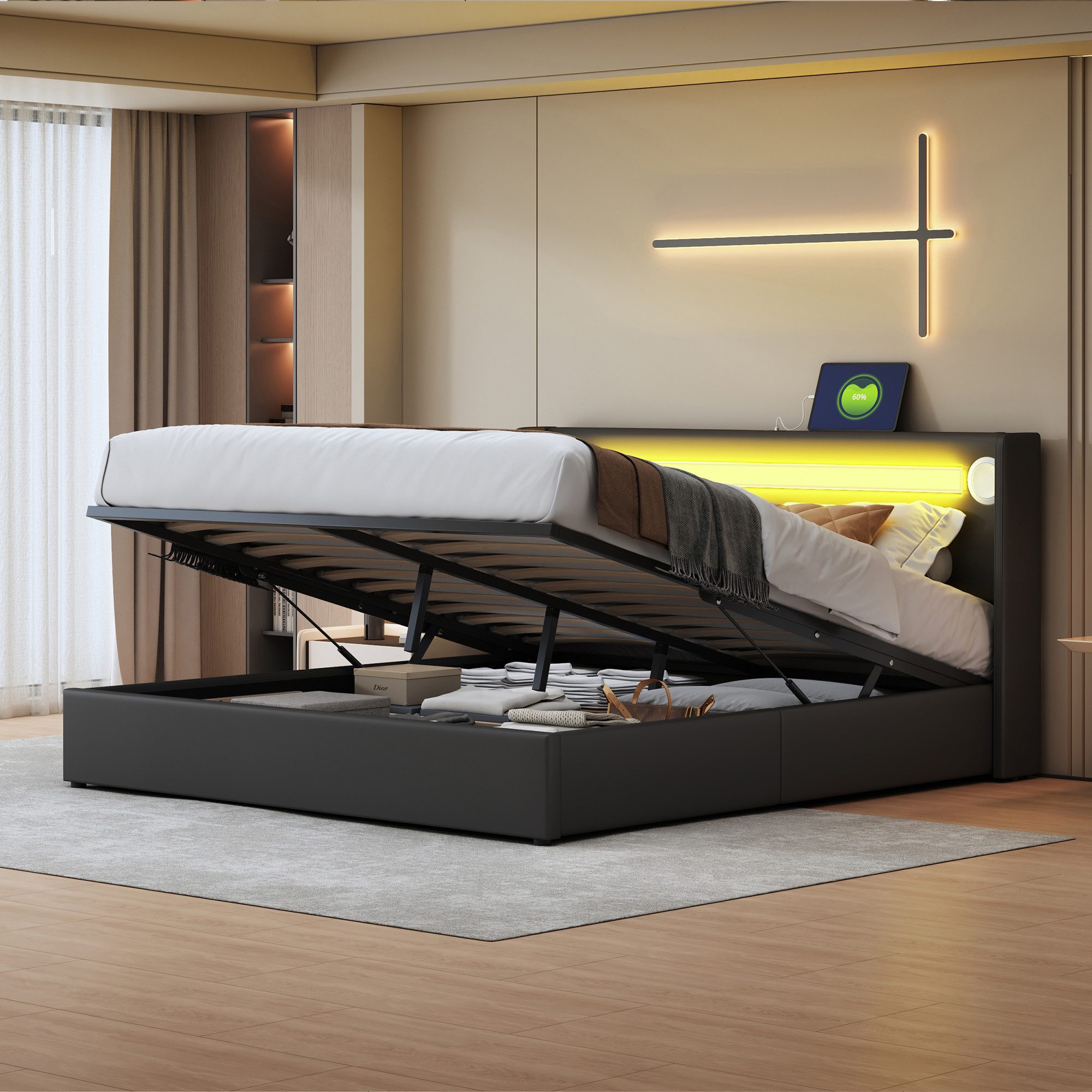 Flieks Polsterbett, LED Beleuchtung/Bluetooth/USB-Aufladen Doppelbett 160x2 günstig online kaufen