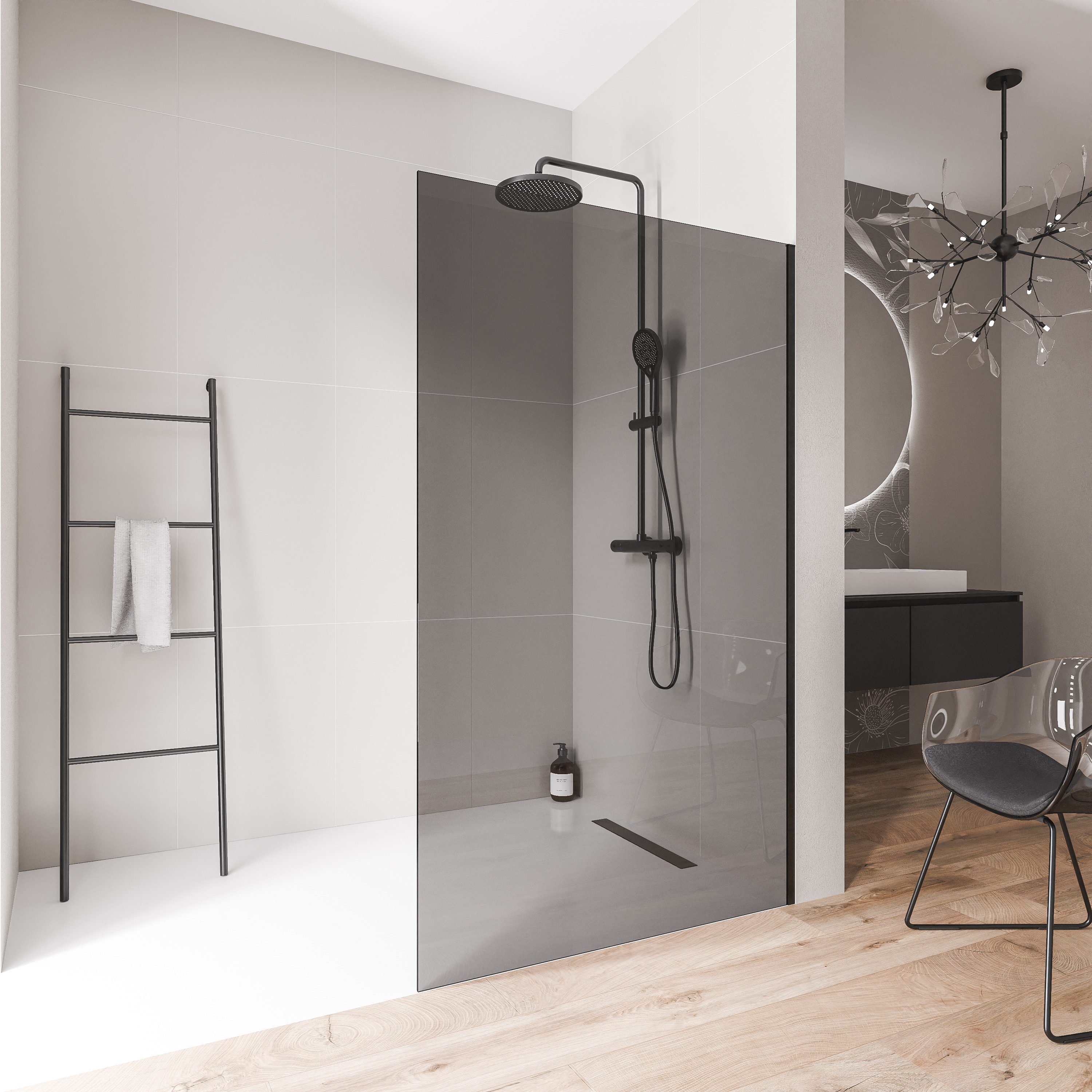 Bernstein Walk-in-Dusche EX102, Einscheibensicherheitsglas (ESG), (1 tlg., Ohne Bodenprofil), Graues Glas, 10 mm, Ohne Bodenprofil, Profil Schwarz matt