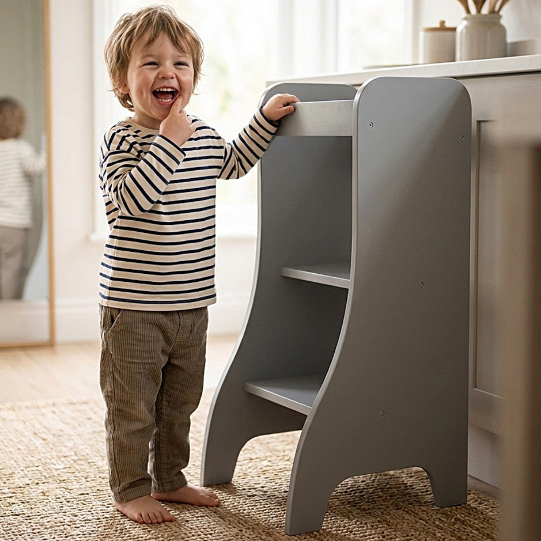 Puckdaddy GmbH Stehhilfe Lernturm ab 1 Jahr, Tritthocker Grau, höhenverstellbar, Holz, stabil