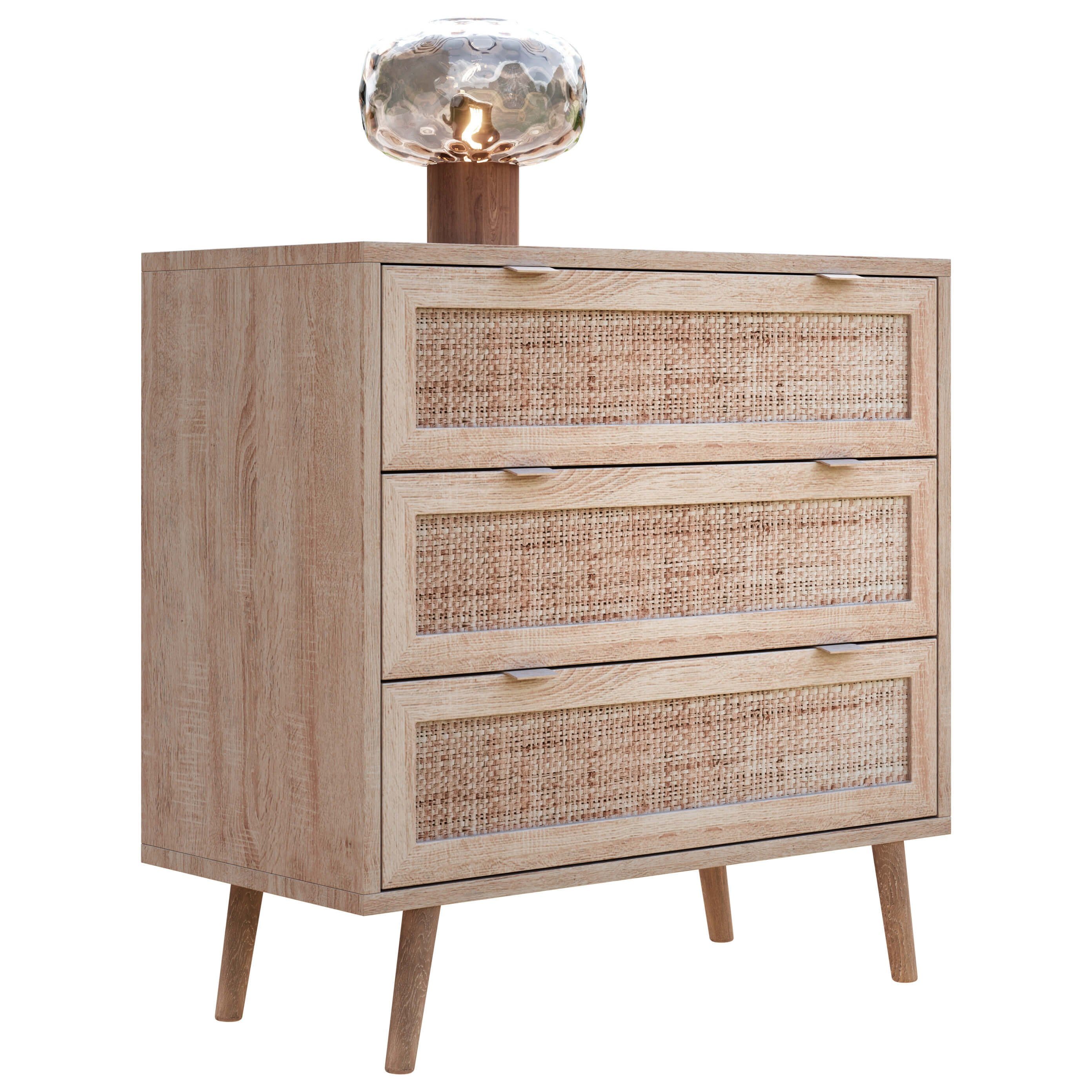 Newroom Sideboard Mila, Kommode mit Schubladen Sonoma Eiche Rattan Modern Boho Skandinavisch