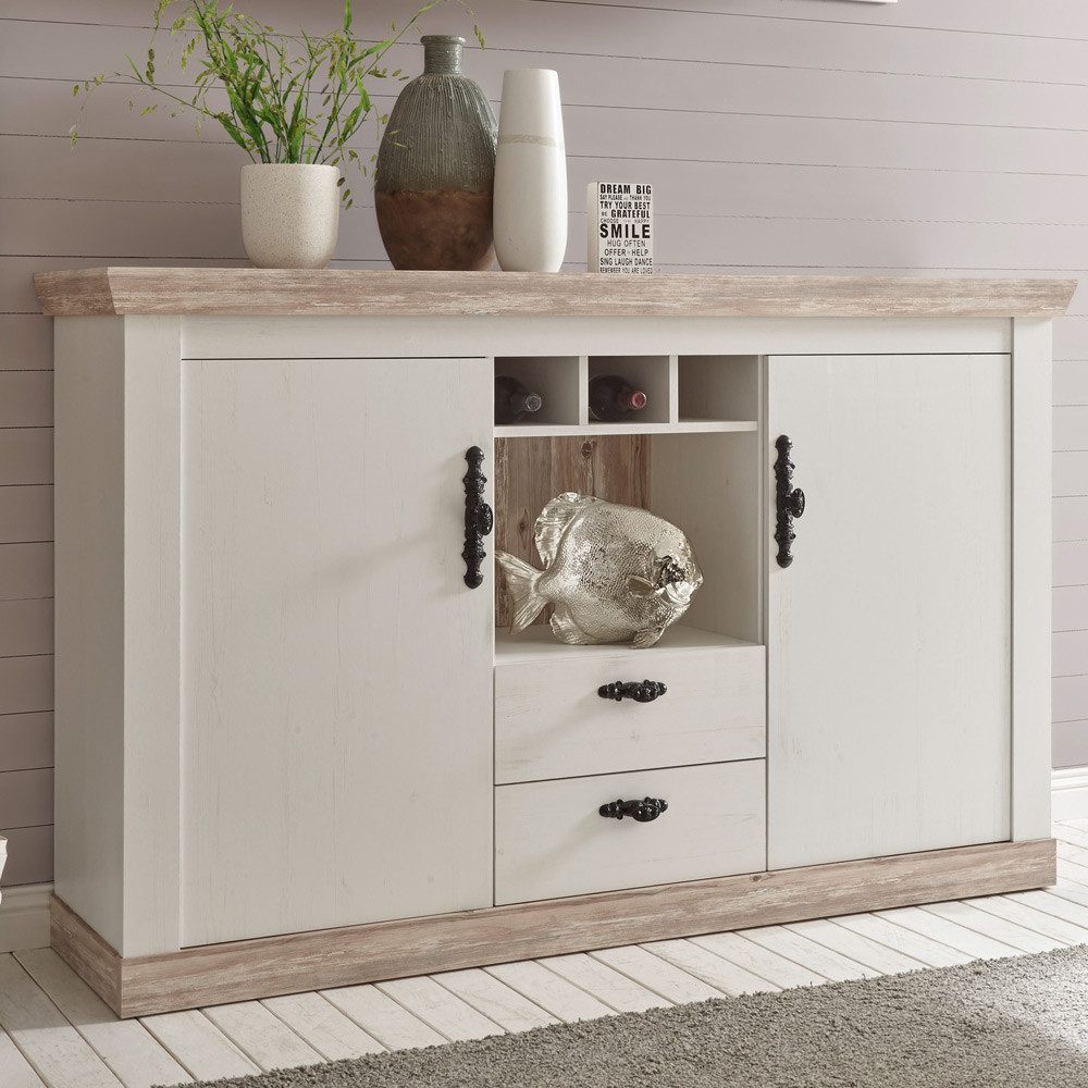Lomadox Sideboard FERNA-61, weiß Nb. und Oslo Pinie dunkel Nb. mit Flaschen günstig online kaufen