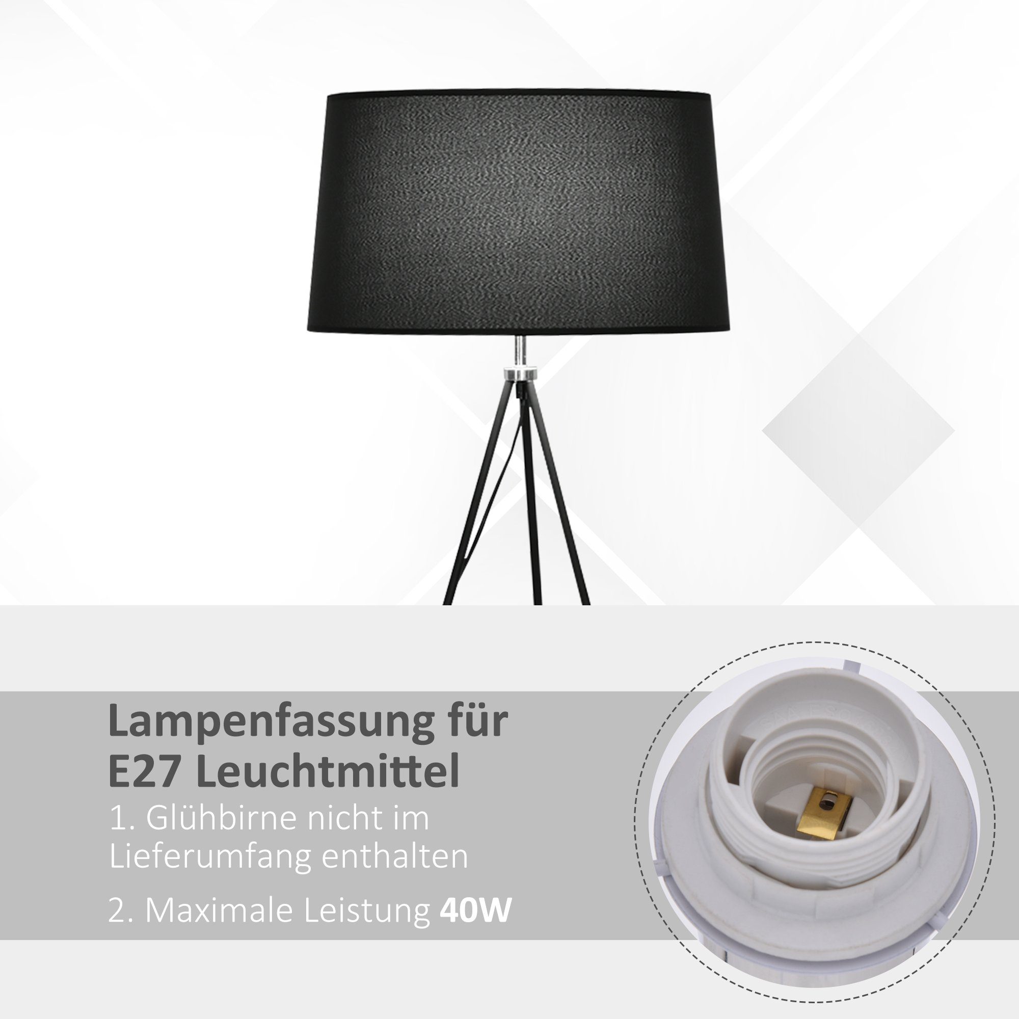 x ∅73 Ein-,Ausschalter, bis E27 (nicht Standleuchte, + W 156 Metall cm Stehlampe, Stoff enthalten), im 40 x Skandinavisch Lieferumfang HOMCOM schwarz 1