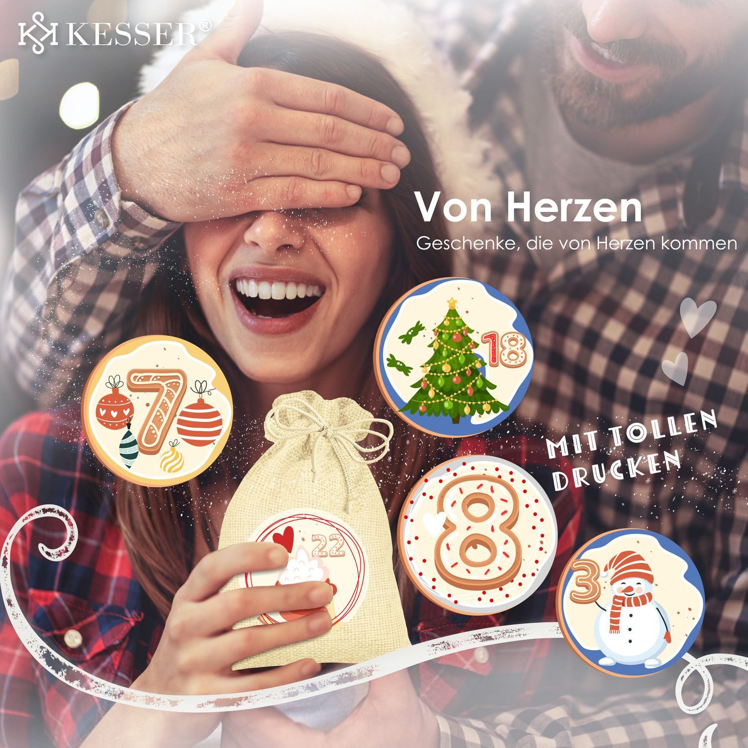 KESSER Adventskalender, Adventskalender zum Befüllen 24 Jutebeutel Stoffbezug gedruckt