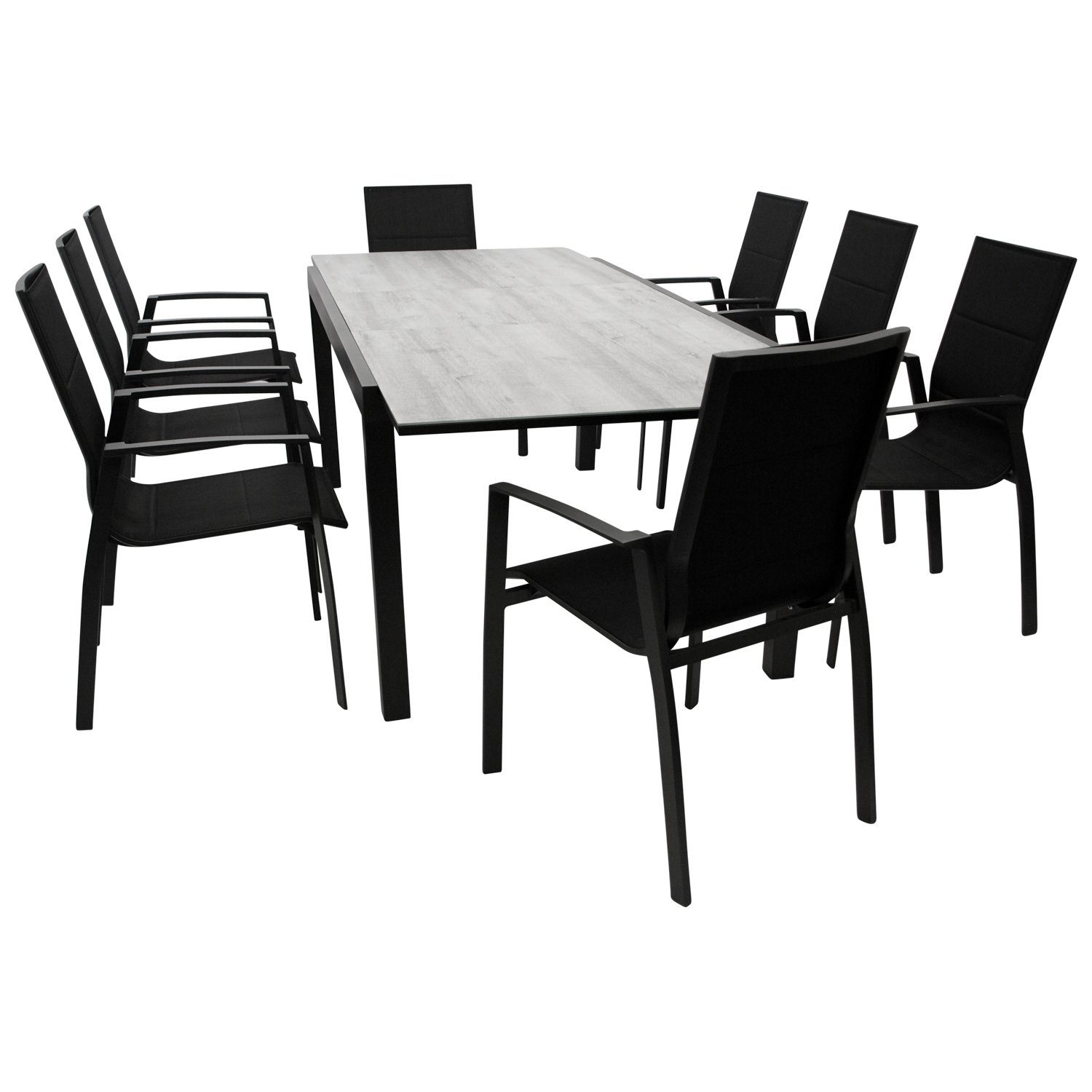 DEGAMO Garten-Essgruppe FARO, (9-tlg), 8x Stapelsessel, 1x Ausziehtisch, Aluminium anthrazit + Keramik