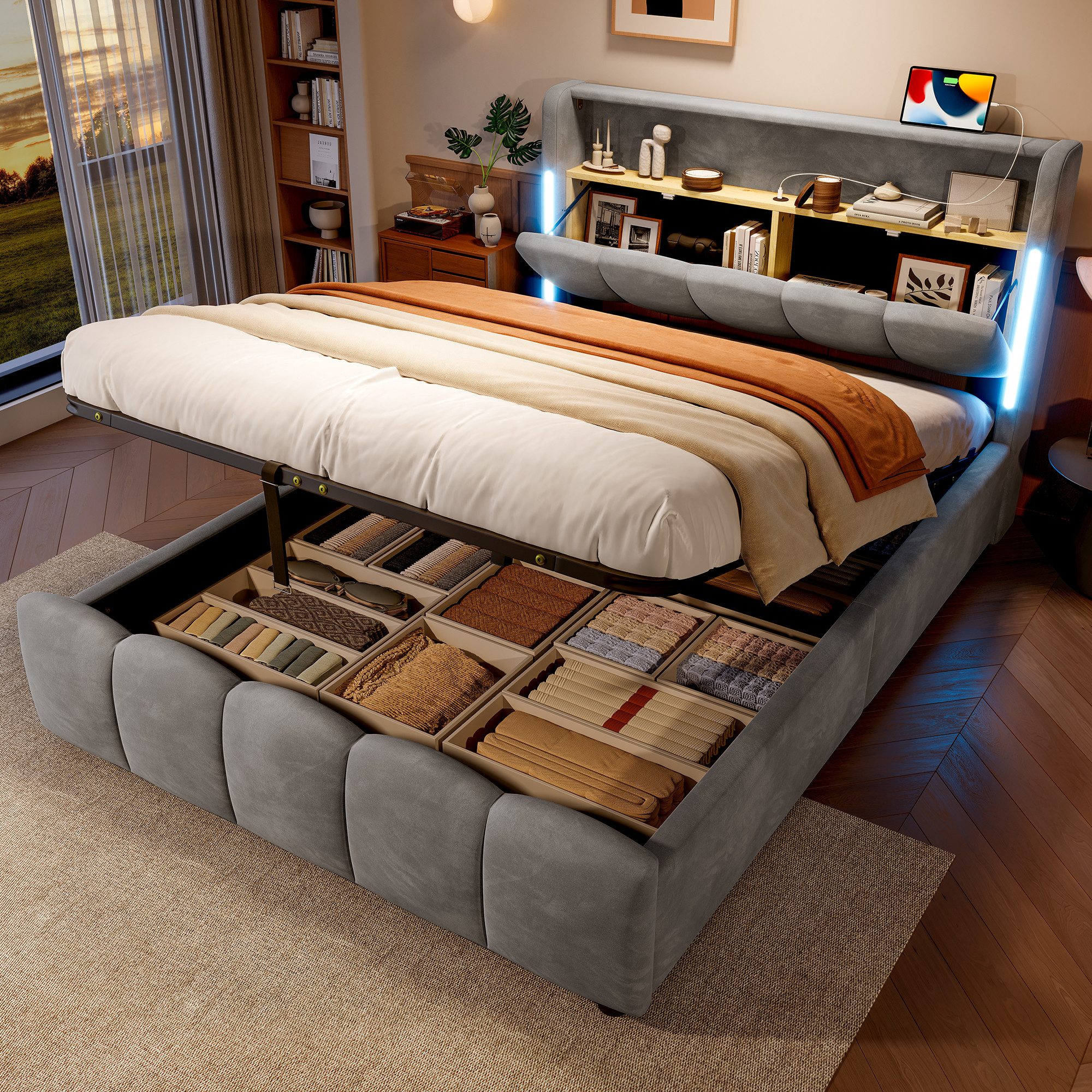 Merax Polsterbett (1-tlg), Hydraulisches Stauraumbett 140x200cm mit LED USB günstig online kaufen