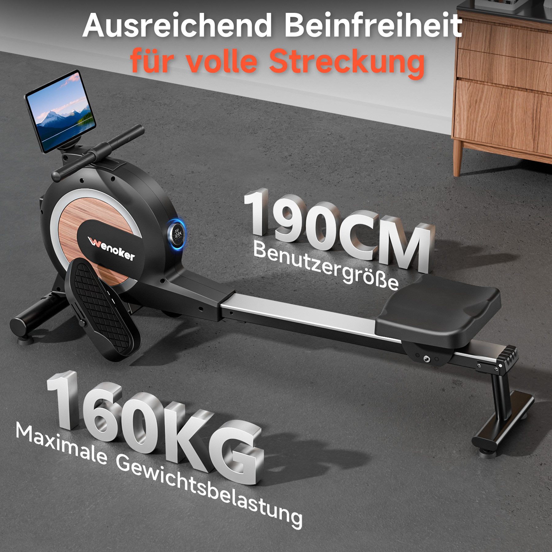 Wenoker Rudergerät Magnetisches Rudergerät mit APP & LED-Display, 32 Widerstandsstufen (1-tlg), Leises Heimrudergerät für Cardio-Training