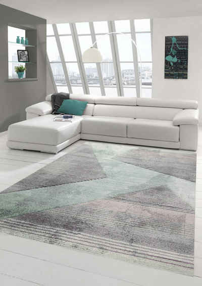 Teppich Moderner Teppich Wohnzimmer abstraktes Muster gestreift schwarz grau grün rosa - pflegeleicht, Teppich-Traum, rechteckig, Höhe: 1.3 mm