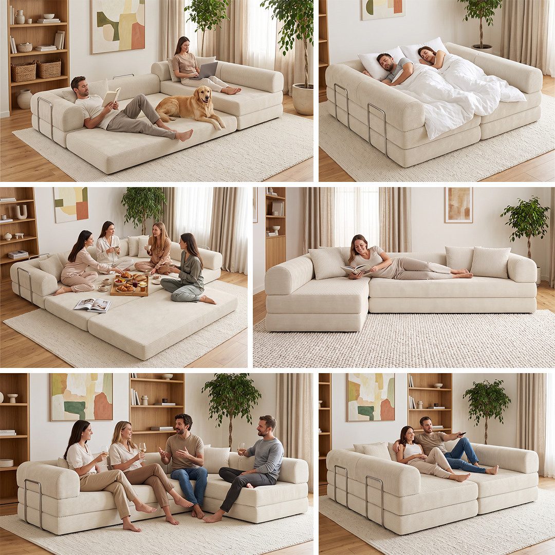 skølm Sofa & Sessel Lofn aus Vollschaum Cord, umwandelbar zum Schlafsofa/-Sessel, Beige, Ecksofa 300 cm breit, 4 Sitzer, kein Aufbau erforderlich, vakuumiert – Bild 4 von 5