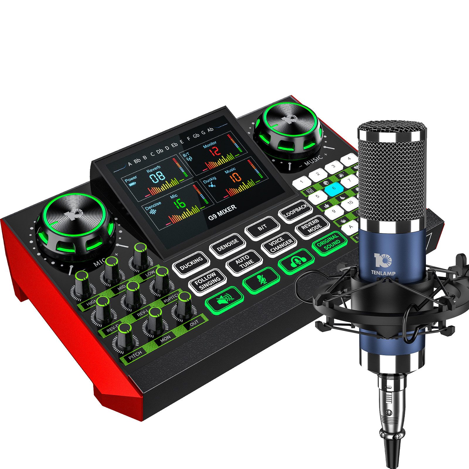 Tenlamp Podcast-Streaming-Set mit Mikrofon & Soundboard Soundkarte, USB-Plug-and-Play, Display, Stimmwechsel, Aufnahme, Hall