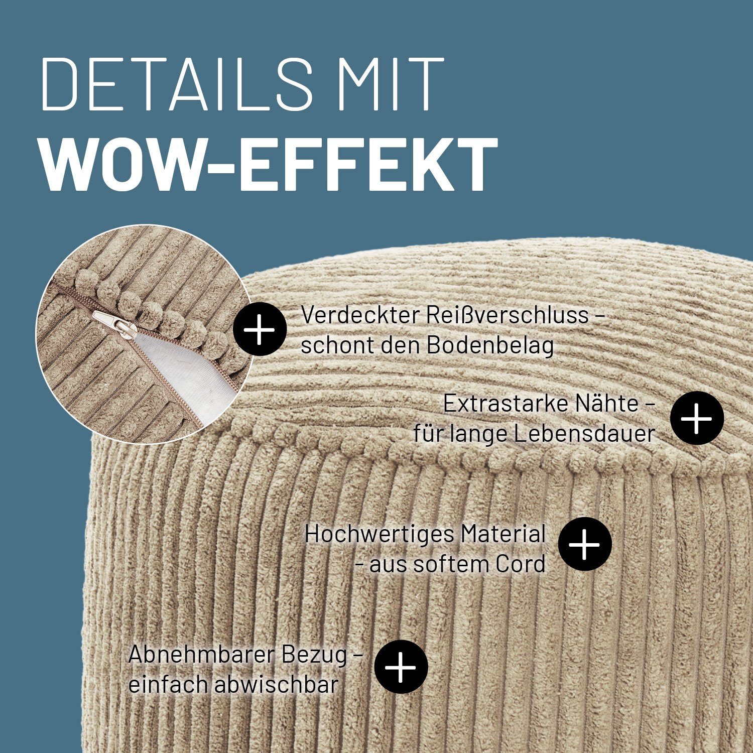 pflegeleicht, 25x45 cm, Relaxen Pouf Indoor Sitzhocker Beige Ablage kompakt Lumaland Cord
