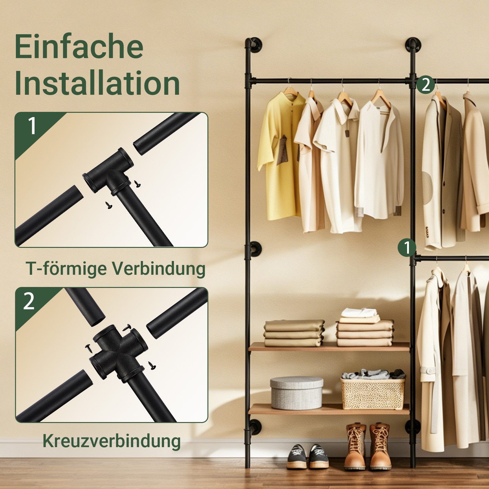 SoBuy Kleiderständer KLS18, Garderobenständer mit Kleiderstange Schuhablage, Kleiderschrank, Kleiderregal mit Kleiderstangen, 2-4 Ablagen, offener Kleiderschrank