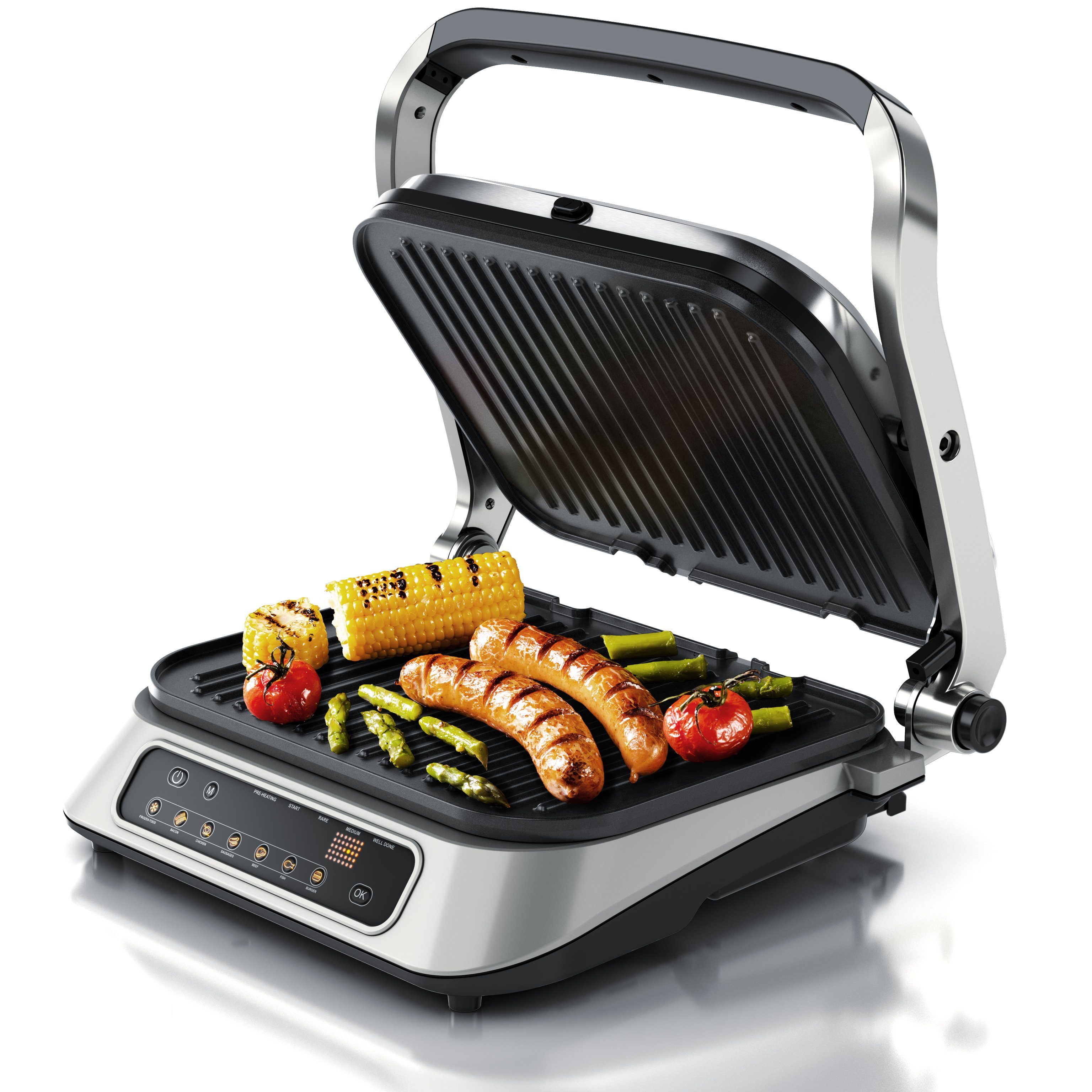 Arendo Kontaktgrill Elektrogrill, elektrischer Tischgrill, Sandwichmaker, Sandwichtoaster, 1900 W, Multi Grill mit Digitalsteuerung, Panini Grill, abnehmbare Platten