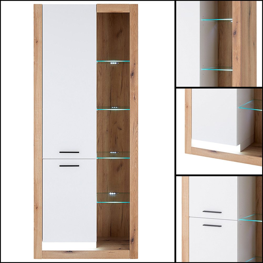 Lomadox Wohnzimmer-Set BELLAGIO-61, (Mega-Spar-Set, 2-St., Highboard Vitrinenschrank), in Eiche mit weißen Fronten, LED Beleuchtung, Glaseinlegeböden