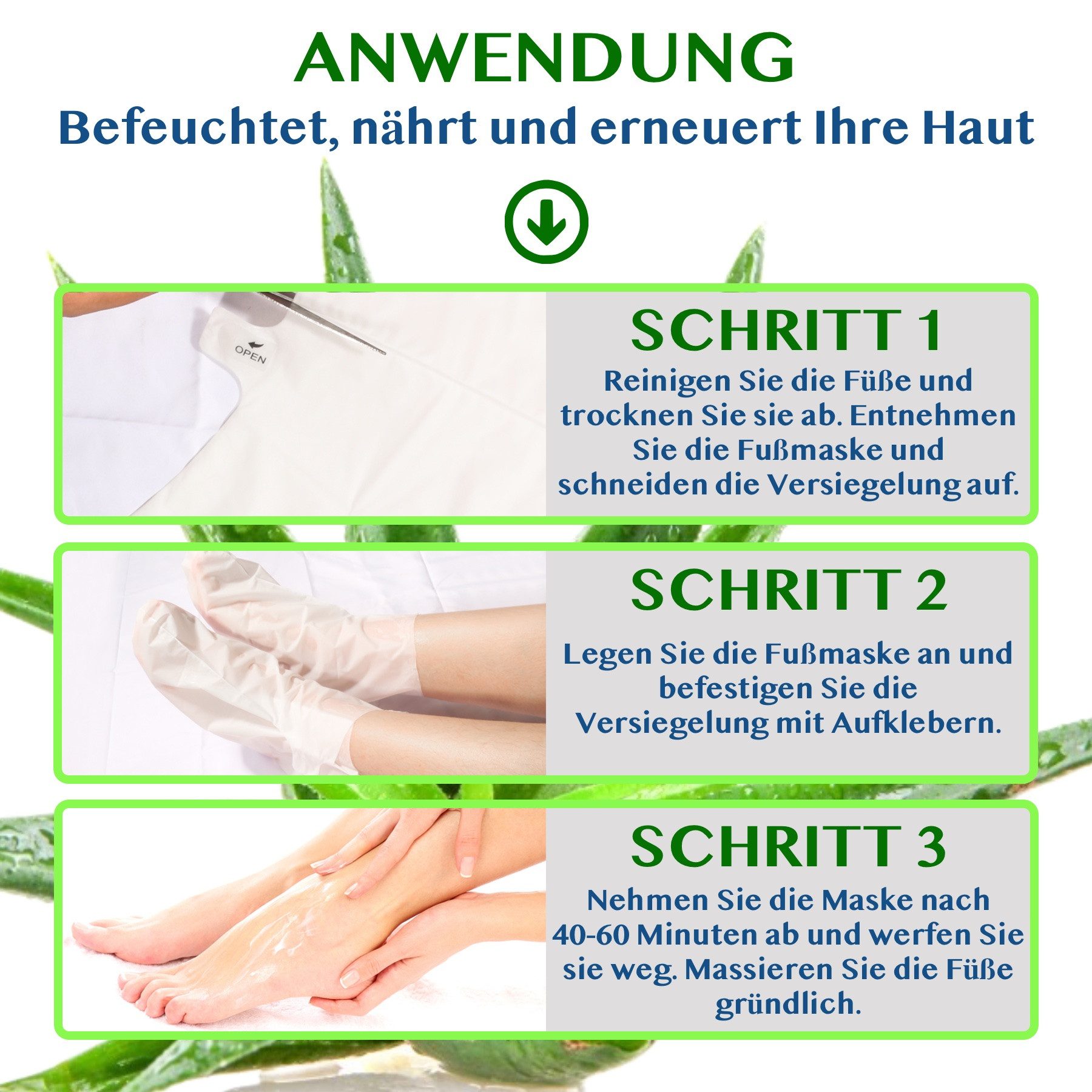 ALIVER Fußmaske Fußpflege Anti Hornhaut Socken mit Aloe Aliver, 3-tlg., Aloe vera