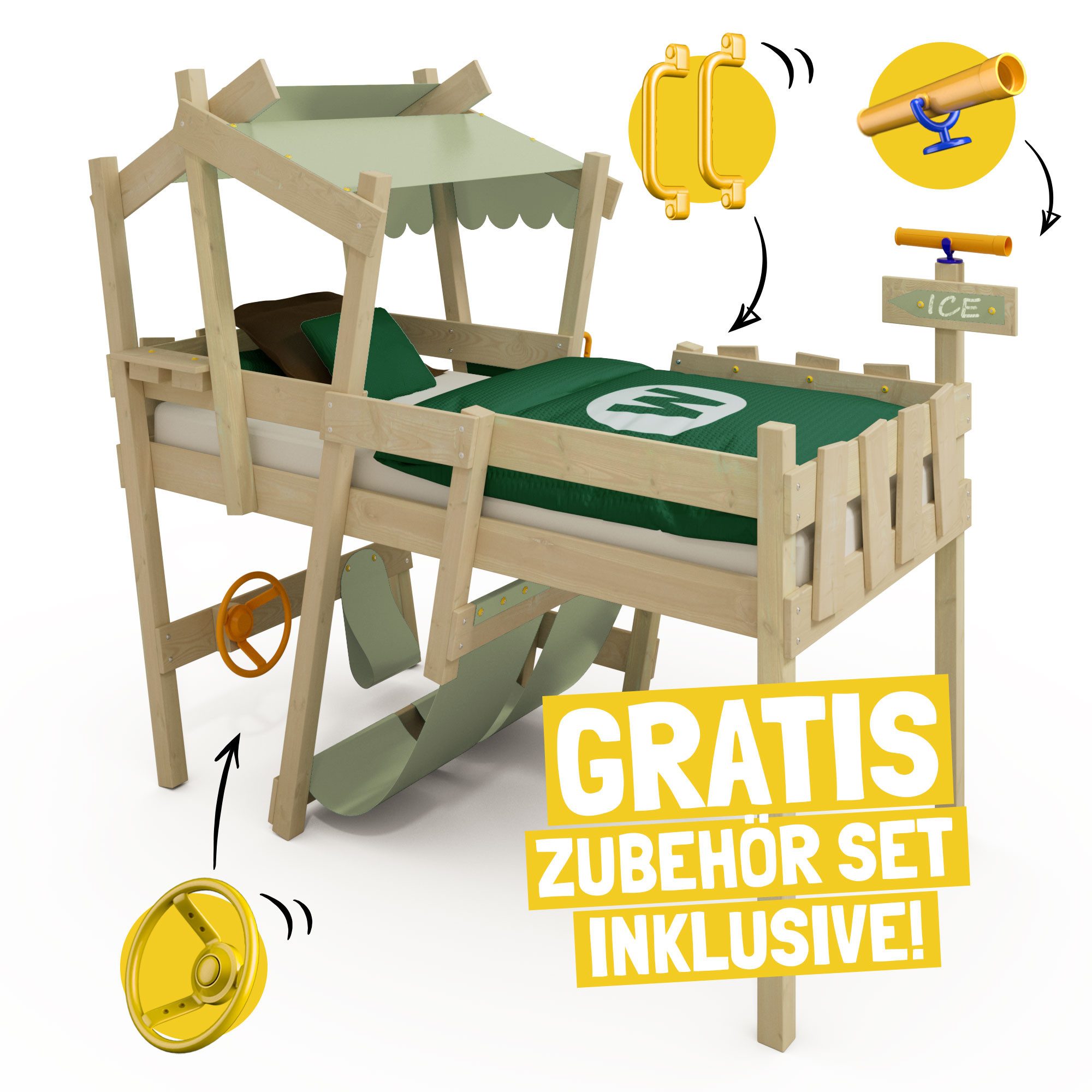 Wickey Kinderbett CrAzY Snuggy Massivholz-Hochbett mit Leiter, Lenker & Rutsche (opt) (Spielbett mit optionaler 175 cm Rutsche für maximalen Spielspaß, Abenteuer-Etagenbett mit Zubehör – auf Wunsch mit Rutsche), Massivholz-Konstruktion für Sicherheit und langlebigen Spielwert