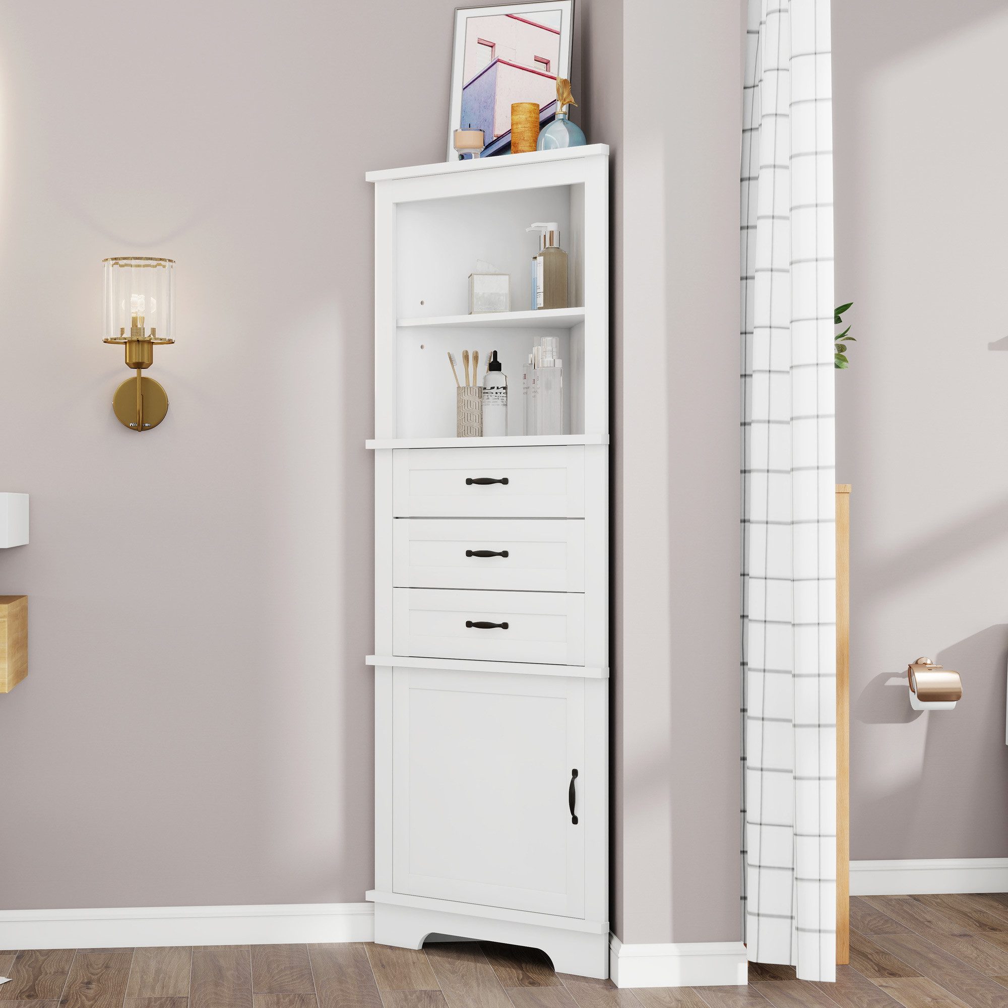Merax Kommode Eckschrank mit 3 Schubladen, 2 offene Ablagefächer (1 St., Badezimmerschrank für Badezimmer, Hohe Füße), Buffetschrank, 57,7x46x167,5 cm