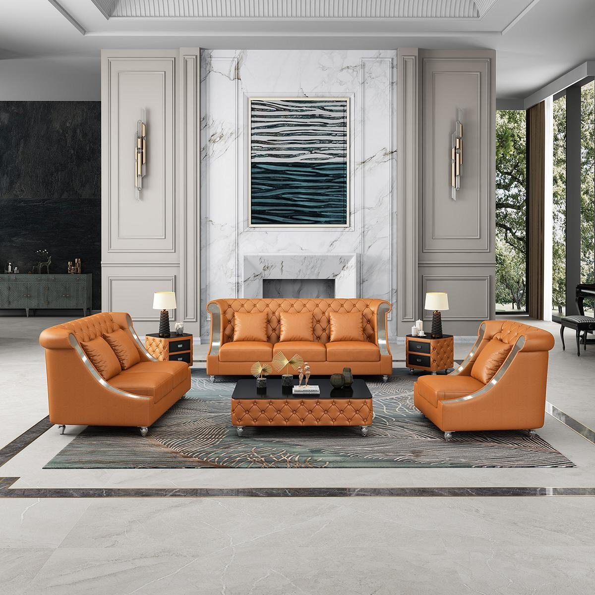Wohnlandschaft Orange Wohnzimmer-Set, Ledersofa Sitzer Design Couch 1 JVmoebel Garnitur Modern 3
