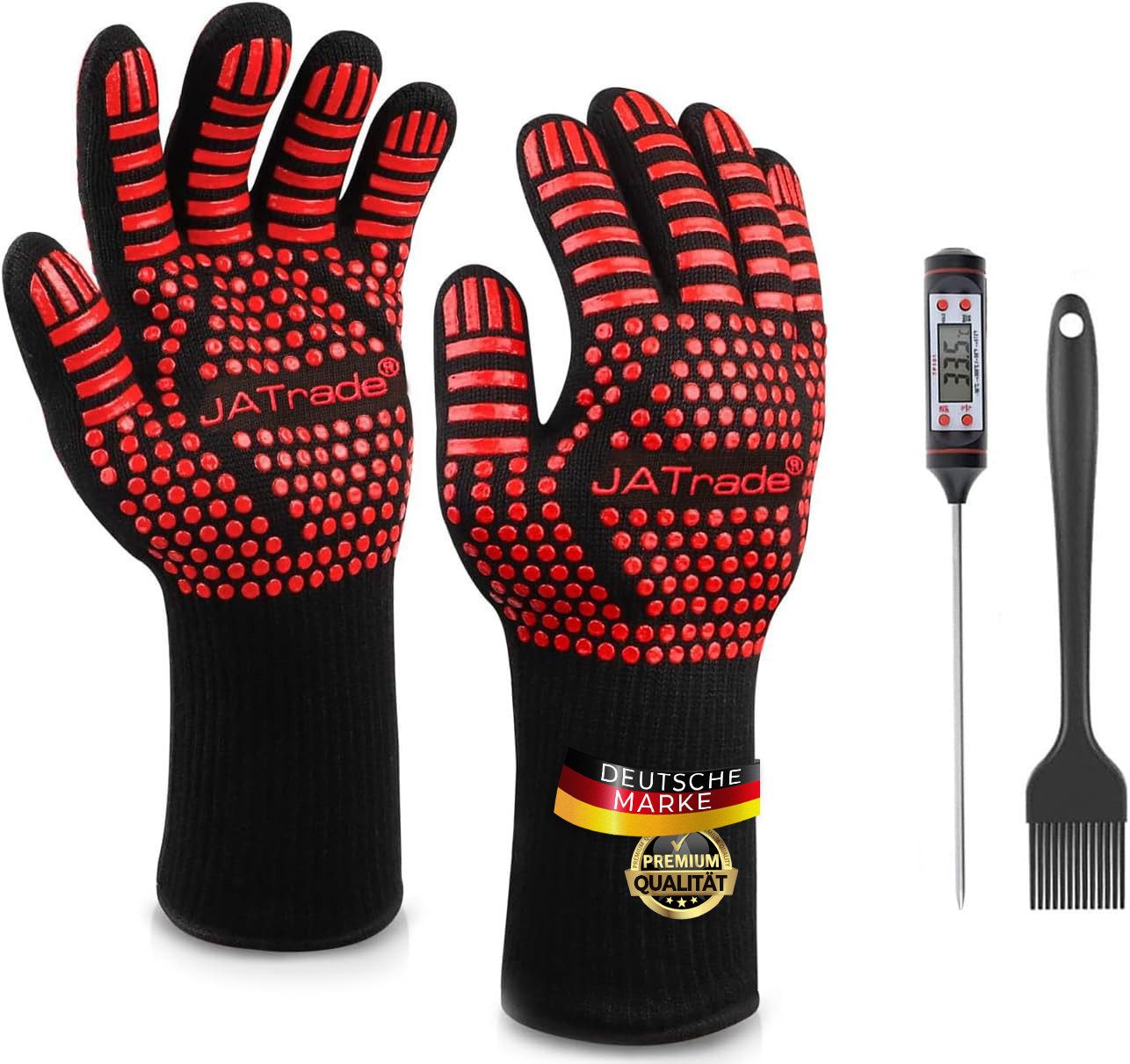 JATrade Grillhandschuhe hitzebeständig mit Grillthermometer & Marinierpinsel Grill Dutch Oven, (1 Paar Grillhandschuhe, 1 Grillthermometer, 1 Marinierpinsel), Ideal auch für Backofen, Kamin, Smoker und als Geschenk!
