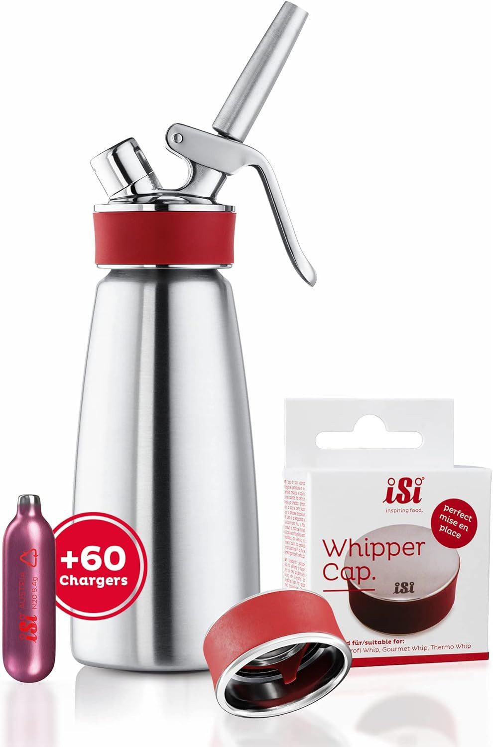 iSi Sahnesyphon Gourmet Whip 0,5 L + 60 Kapseln + Verschlusskappe, Edelstahl, (Spar-Set, 62-tlg) Mit 60 Sahnekapseln, Für kalte und warme Gerichte, Viele Anwendungen