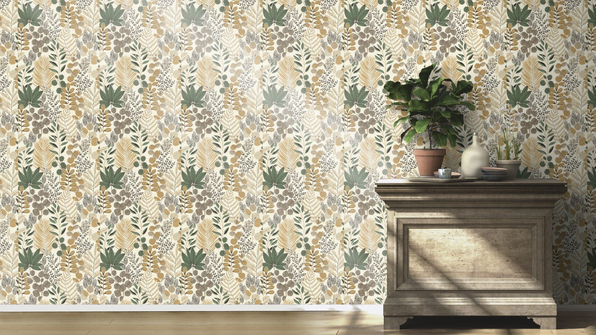 Rasch Vliestapete Blätter & Botanisches Muster - Vinyltapete Weiß Braun Grün, floral, (1 Rolle, 1 St., 10,05 m x 0,53 m), Lichtbeständige Farben - Feucht abwischbar - Restlost abziehbar