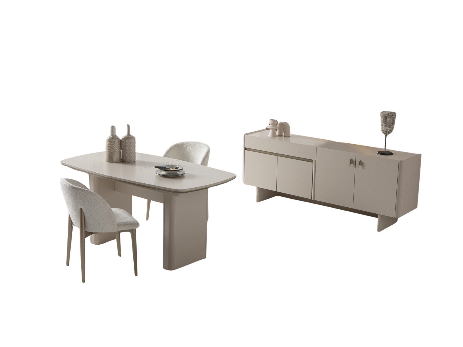 Villa Möbel Esszimmer-Set Alaska, (Esszimmer-Set, 8-St., Esstisch, Sideboard und 6 Stühle), Beige Esszimmer Set mit Bouclé Stühlen bequem und wohnlich