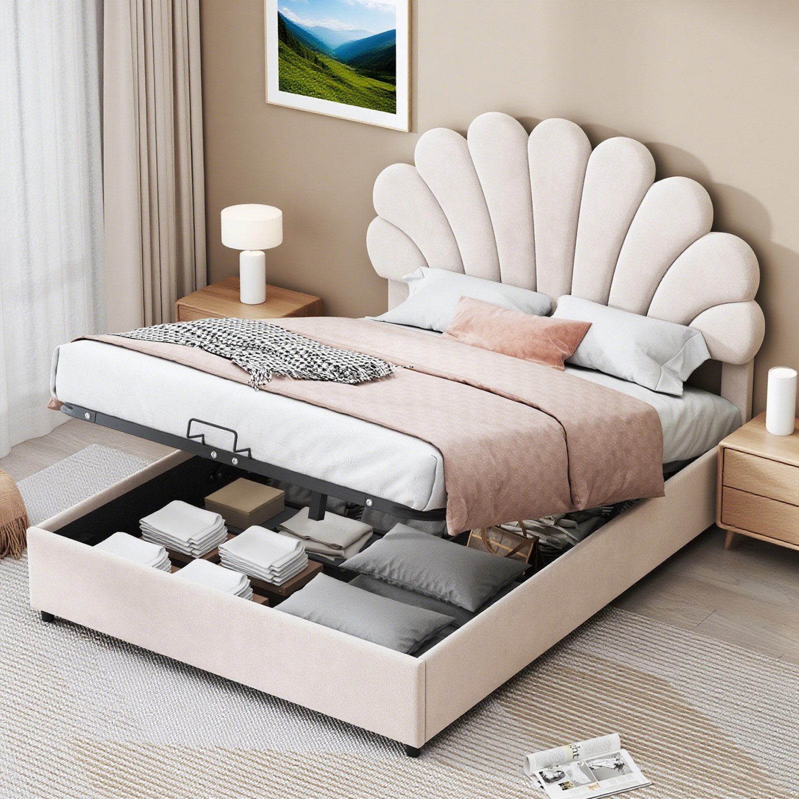 MODFU Polsterbett Funktionsbett (mit geblümtem Kopfteil, hydraulischem Stau günstig online kaufen