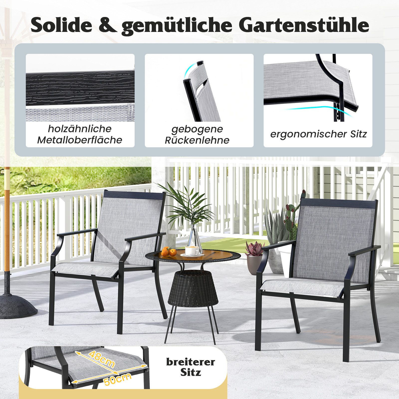 COSTWAY Gartenstuhl (2 St), 50 cm breitere Sitzfläche, mit Armlehne