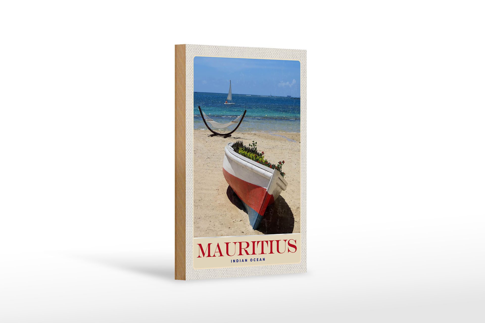 Holzbild Reise 12x18 cm Mauritius Indischer Ozean Boot
