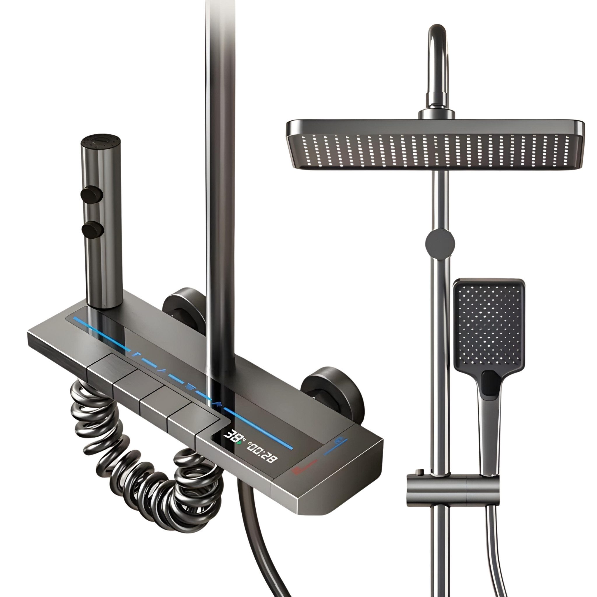 LuxaSteel Duscharmatur Thermostat Duscharmatur Komplettset mit Regendusche, Duschsystem (Komplettset, Armatur mit Thermostat) Duscharmatur mit LED-Beleuchtung & Display, 2 Handbrausen
