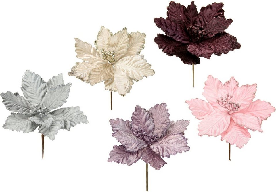 Kunstblume Poinsettia, I.GE.A., Höhe 21 cm, Kunstblume, Dekoblume, 5er Set,  Der Durchmesser der Samt-Blüte beträgt 18
