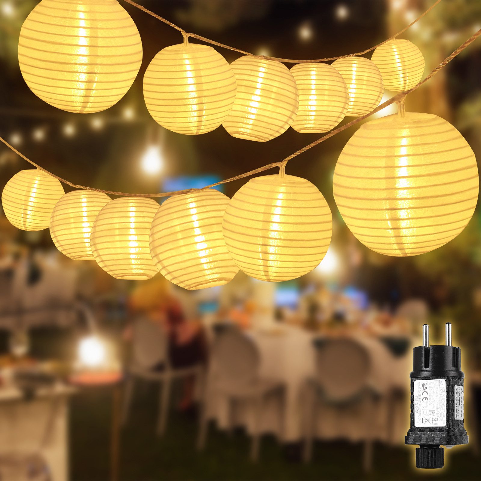 Salcar LED-Lichterkette LED Lichterkette Lampion Außen, Solar-, Batterie-, Steckdosen-Betrieb, 20-flammig, 5M 20 LED-Lampions, IP44, Memory, 8 Modi, Timer, Steckerbetrieb
