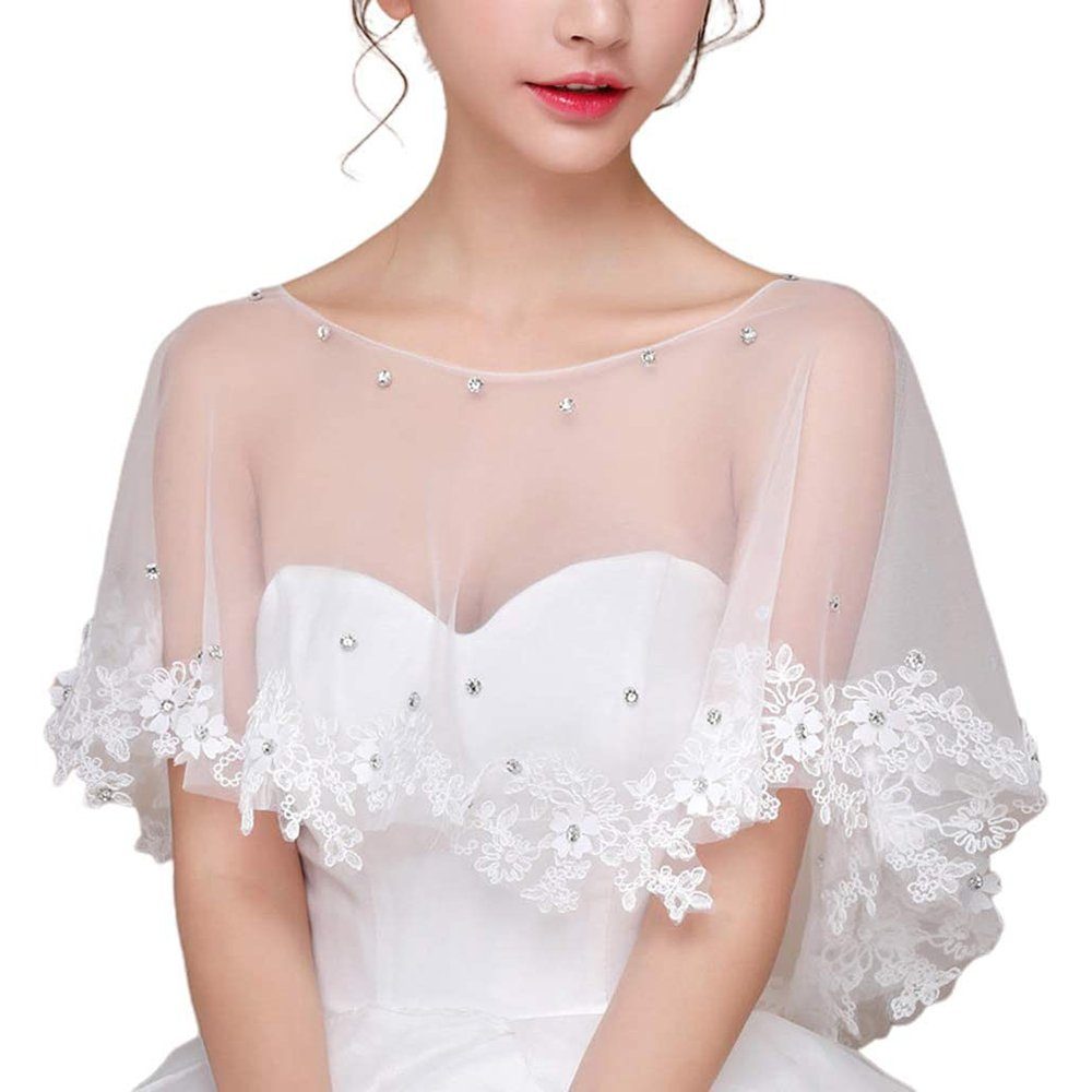 Leway Pareo Damen Cape Tüll mit Spitze Vintage Schal Schal Top geeignet für  Hochzeit Braut Abendkleid Hochzeitskleid Sommerkleid weiß