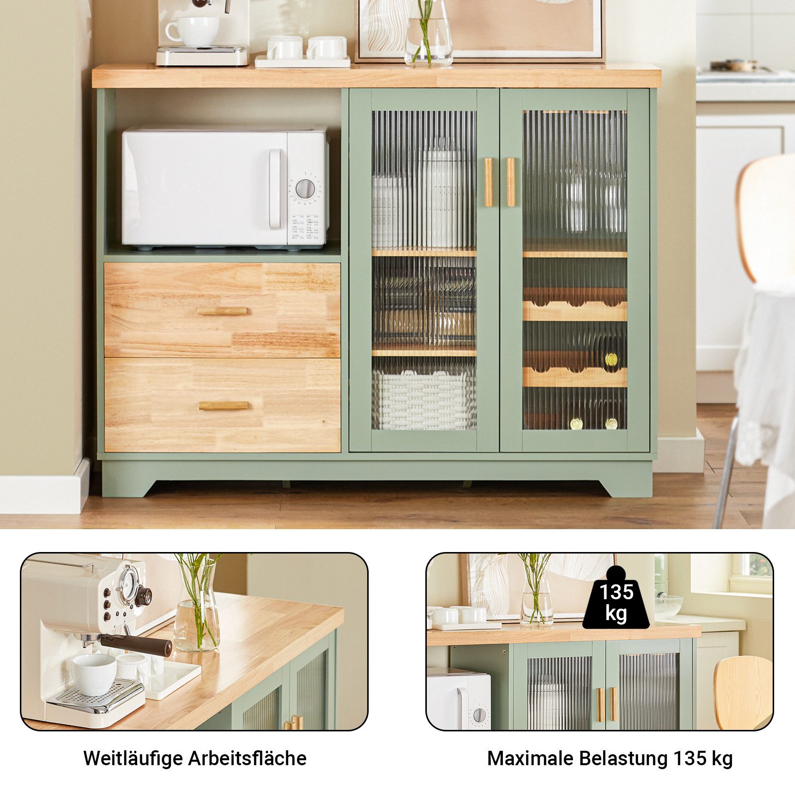 SoBuy Buffet FSB81, Schubladenschrank mit Glastüren, mit Schubladen Weinregal Sideboard Küchenschrank Kommode Flurschrank Mikrowellenschrank