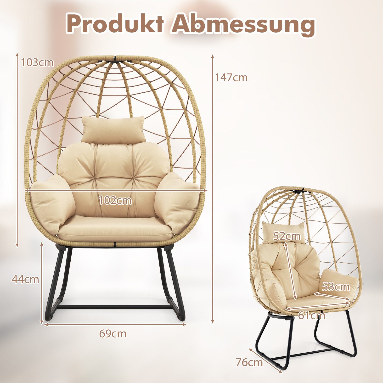 COSTWAY Hängesessel, Korbsessel mit Kissen, aus Rattan & Metall