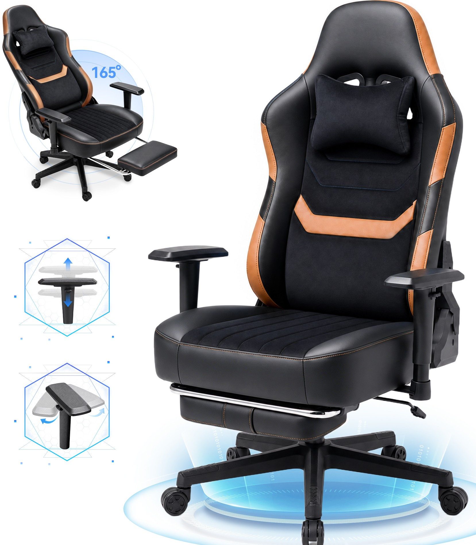 HOMALL Gaming-Stuhl mit Federkern,Komfort für Büro & Gaming,90-165° Rückenlehne,bis 180 kg, gaming stuhl mit Fußstütze,breites & dickes Sitzpolster